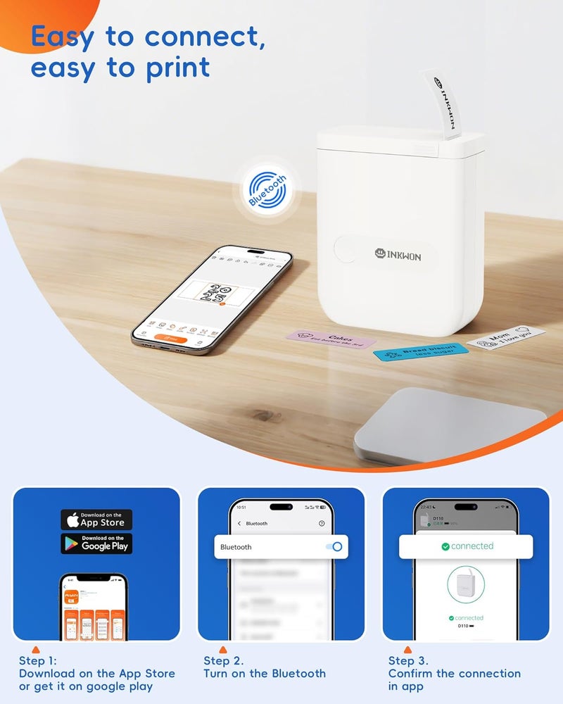 InkWon D110 Label Maker Machine with Tape, Bluetooth Mini Label Maker with Various Templates, Wireless Portable Small Label Printer for Home, Office, School, White - Image 3